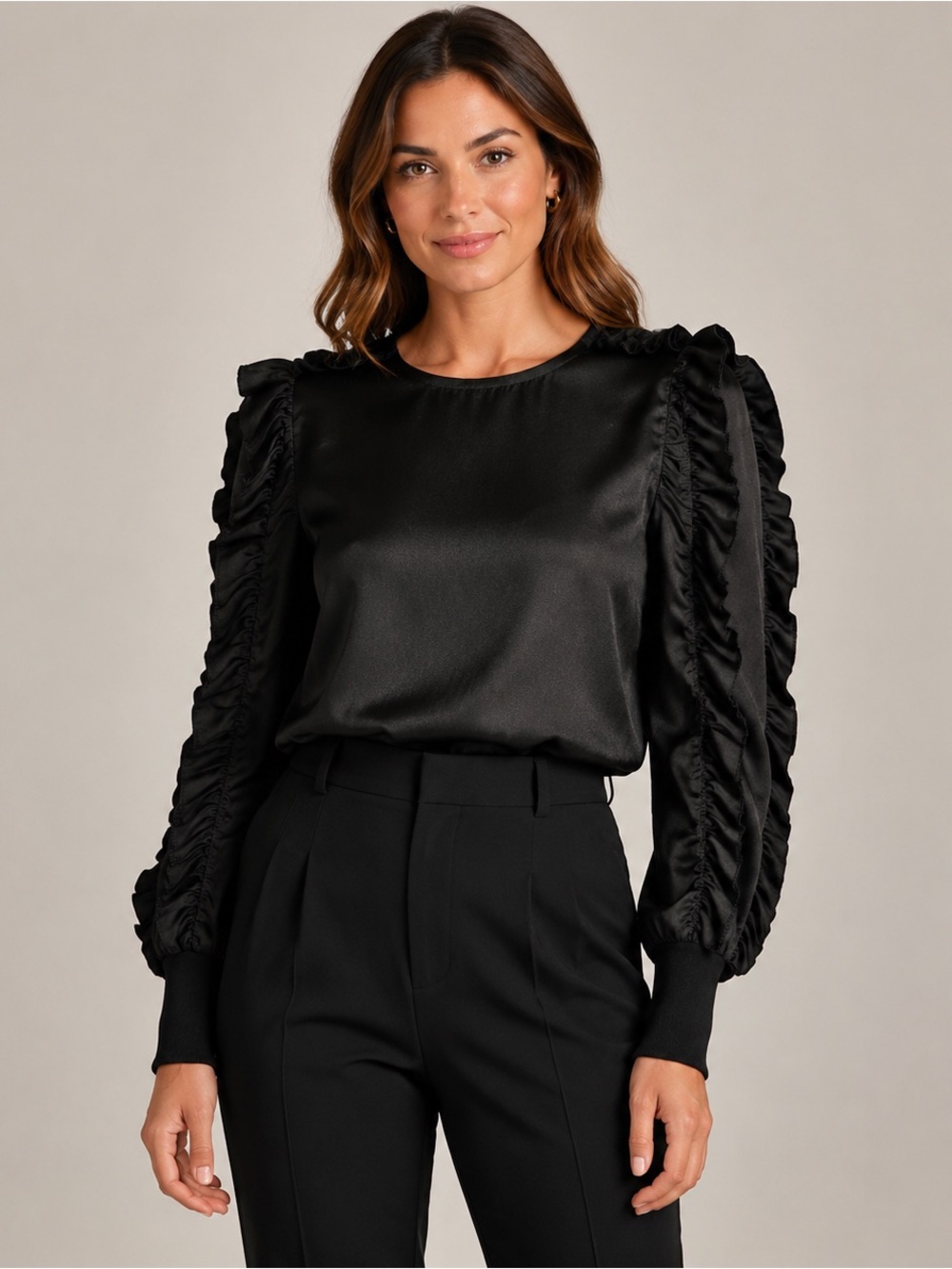 ZARA Basic Black Satin Ruffle Sleeve Blouse Medium Romantic Goth